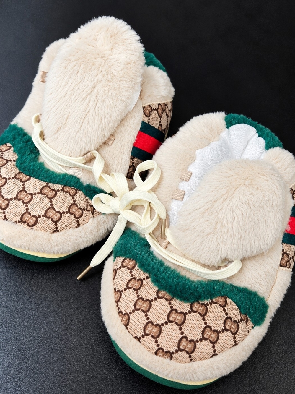 Beige & Green Logo Faux-Fur Sneakers